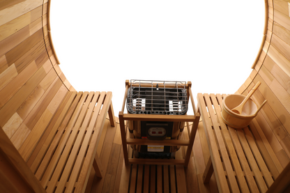 Prague Canadian Red Cedar Outdoor Steam Barrel Sauna with Full Glass Back and 2 front Porch seats (2-4 or 4-6 Person Capacity)