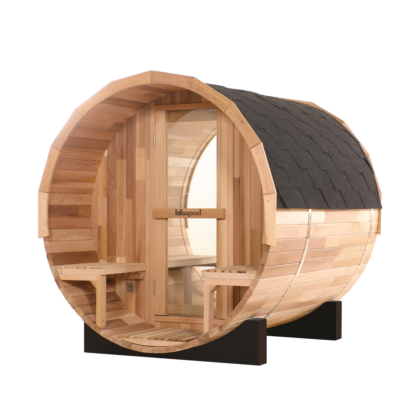 Prague Canadian Red Cedar Outdoor Steam Barrel Sauna with Full Glass Back and 2 front Porch seats (2-4 or 4-6 Person Capacity)