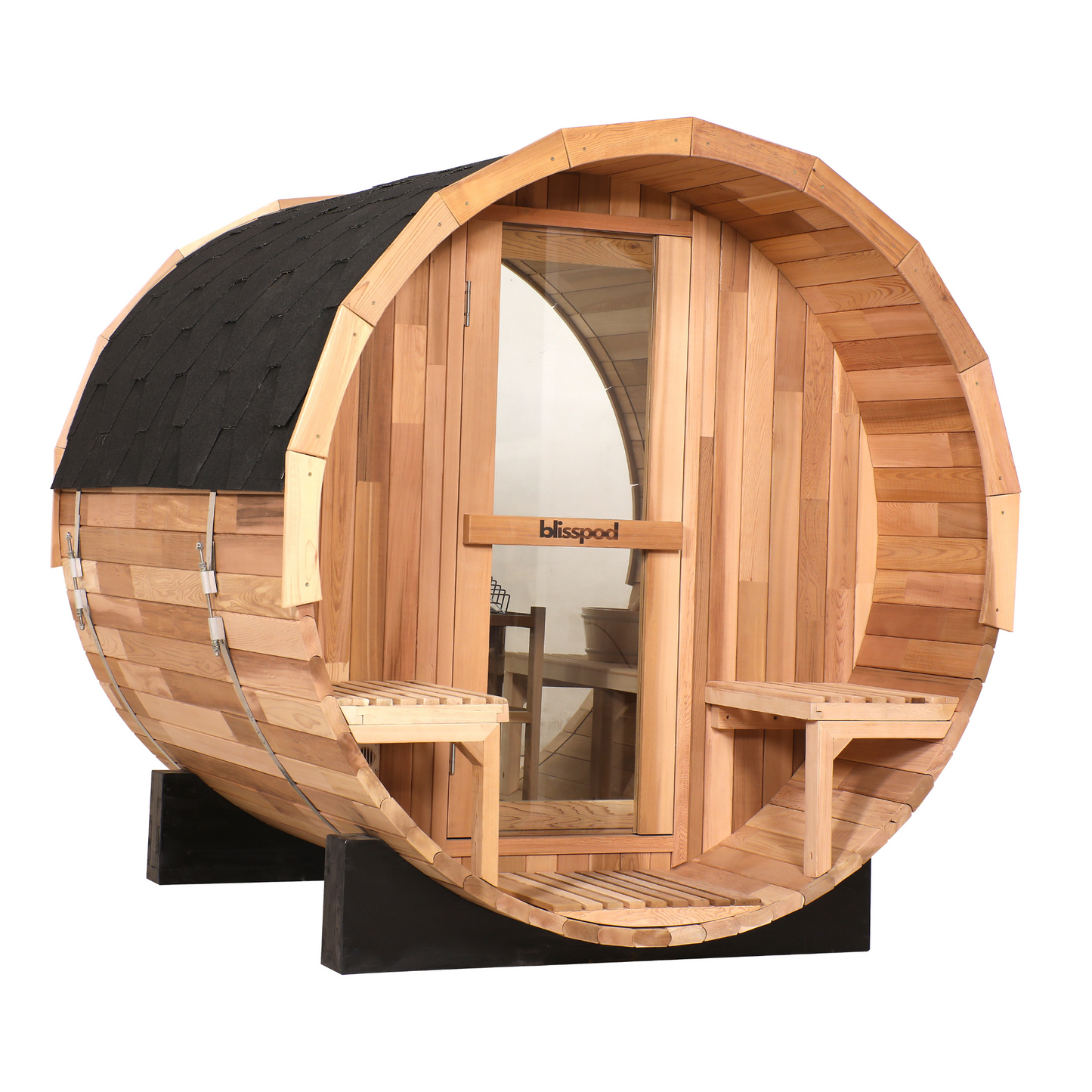 Prague Canadian Red Cedar Outdoor Steam Barrel Sauna with Full Glass Back and 2 front Porch seats (2-4 or 4-6 Person Capacity)