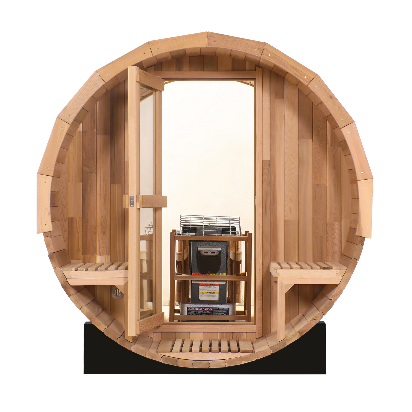 Prague Canadian Red Cedar Outdoor Steam Barrel Sauna with Full Glass Back and 2 front Porch seats (2-4 or 4-6 Person Capacity)