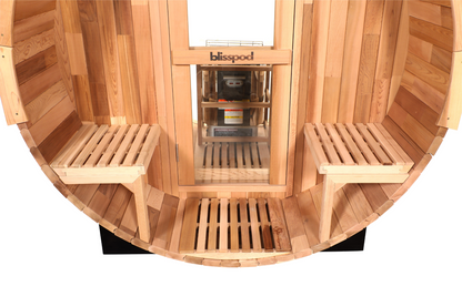 Prague Canadian Red Cedar Outdoor Steam Barrel Sauna with Full Glass Back and 2 front Porch seats (2-4 or 4-6 Person Capacity)