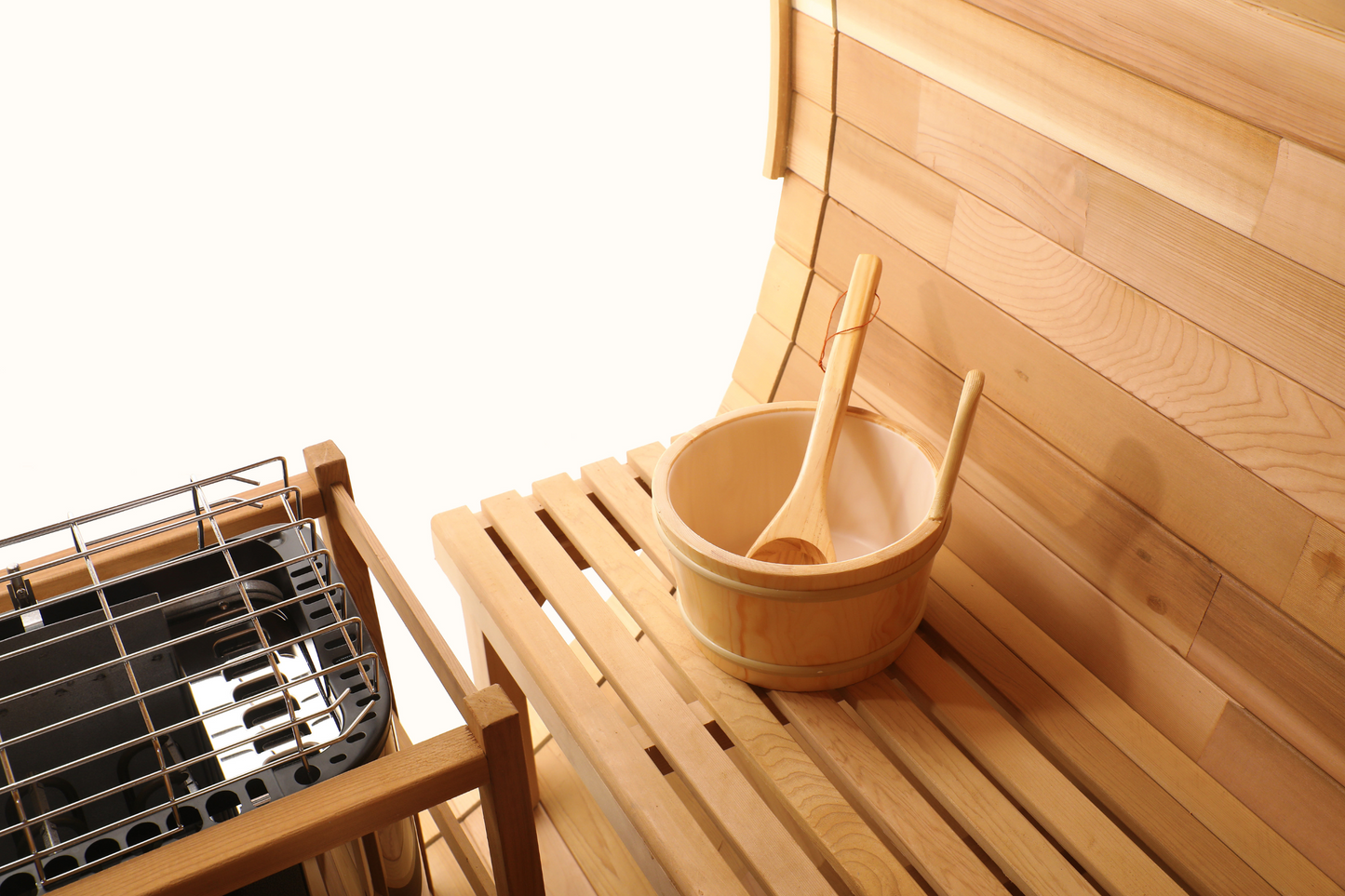 Prague Canadian Red Cedar Outdoor Steam Barrel Sauna with Full Glass Back and 2 front Porch seats (2-4 or 4-6 Person Capacity)