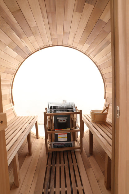Prague Canadian Red Cedar Outdoor Steam Barrel Sauna with Full Glass Back and 2 front Porch seats (2-4 or 4-6 Person Capacity)