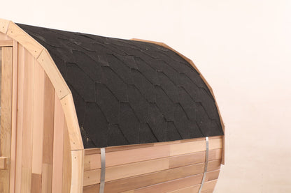 Prague Canadian Red Cedar Outdoor Steam Barrel Sauna with Full Glass Back and 2 front Porch seats (2-4 or 4-6 Person Capacity)